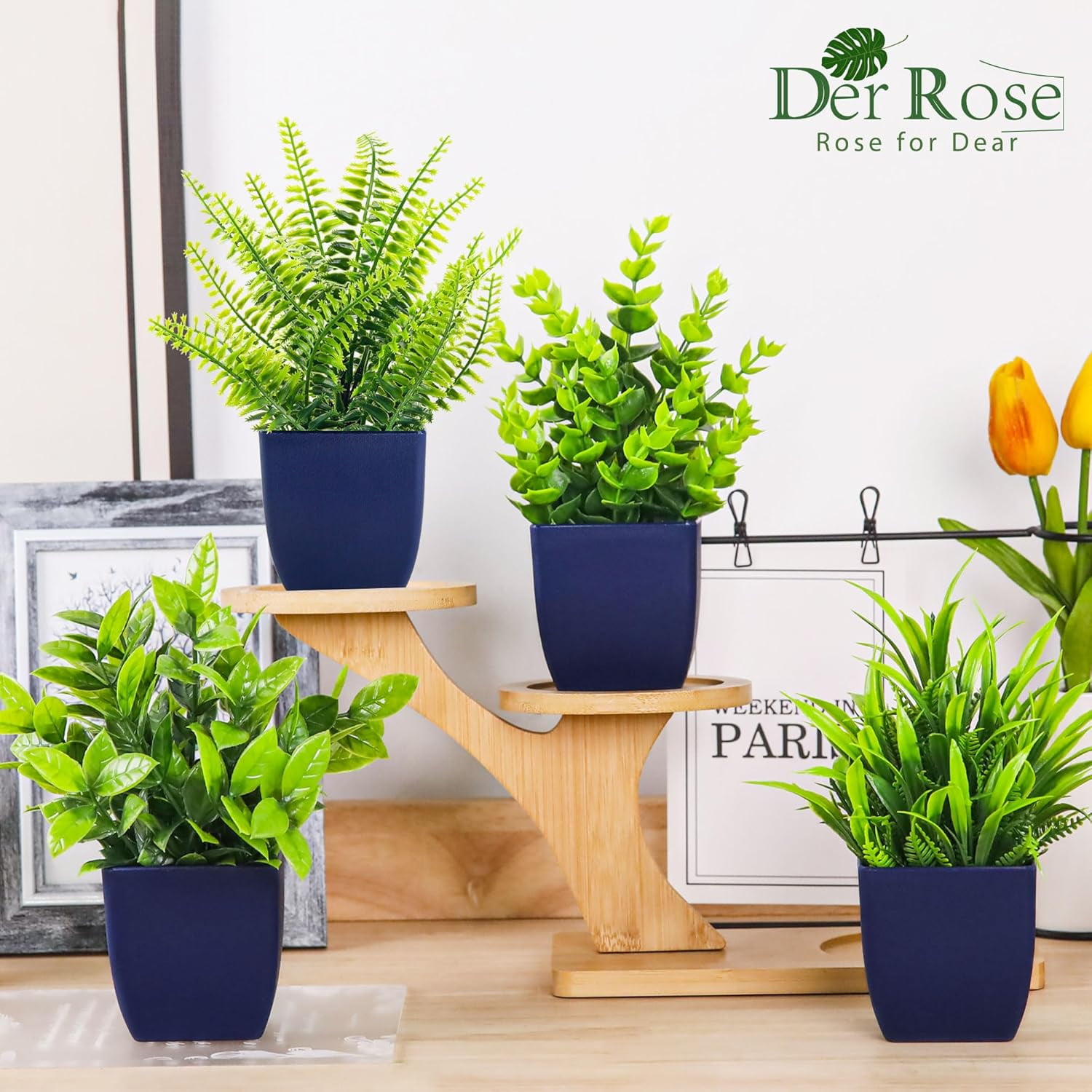 4 Pack Fake Plants Small Artificial Plants in Blue Pots Faux Plants Indoor for Home Room Bathroom Living Room Decor