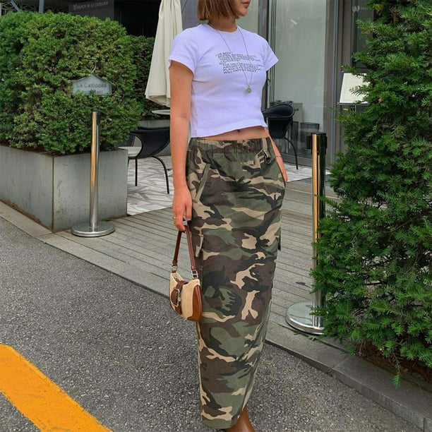 Women's Casual Camouflage Loose Casual Skirt With Big Pockets High ...