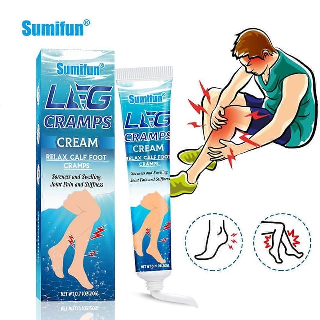 leg cramp relief cream relieve pain body health care herbal ointment naural Crema para calambres de piernas, vista frontal de caja y tubo azul de 12.5×3×2 cm con texto 'LEG CRAMPS CREAM' e ilustración de pantorrilla con marcas rojas de dolor; incluye dibujo de persona sujetando la pantorrilla y dos iconos circulares de dolor en pie y pierna; producto herbal de uso tópico, usar con precaución en piel ulcerada, embarazo o si hay alergia al ajenjo; también se usa a menudo para masajes musculares localizados.
