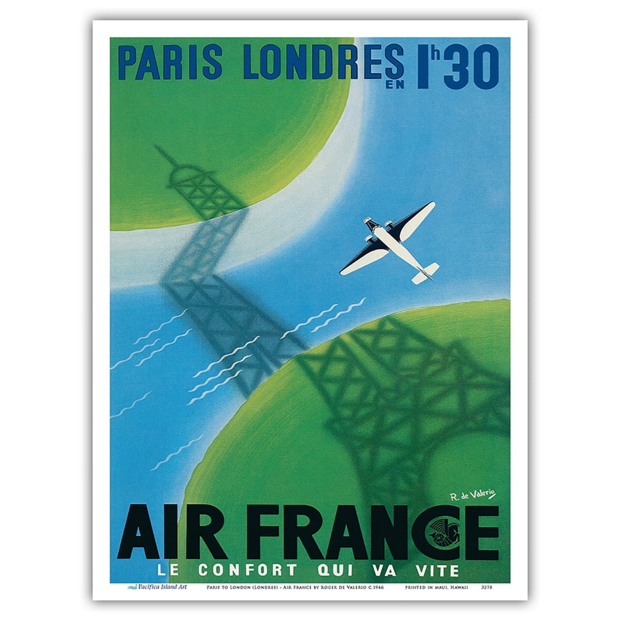 Paris to London (Londres) - In 1 Hour 30 Minutes - France - Vintage Airline Travel Poster by Roger de Valerio c.1946 - Master Art Print (Unframed) 9in x 12in