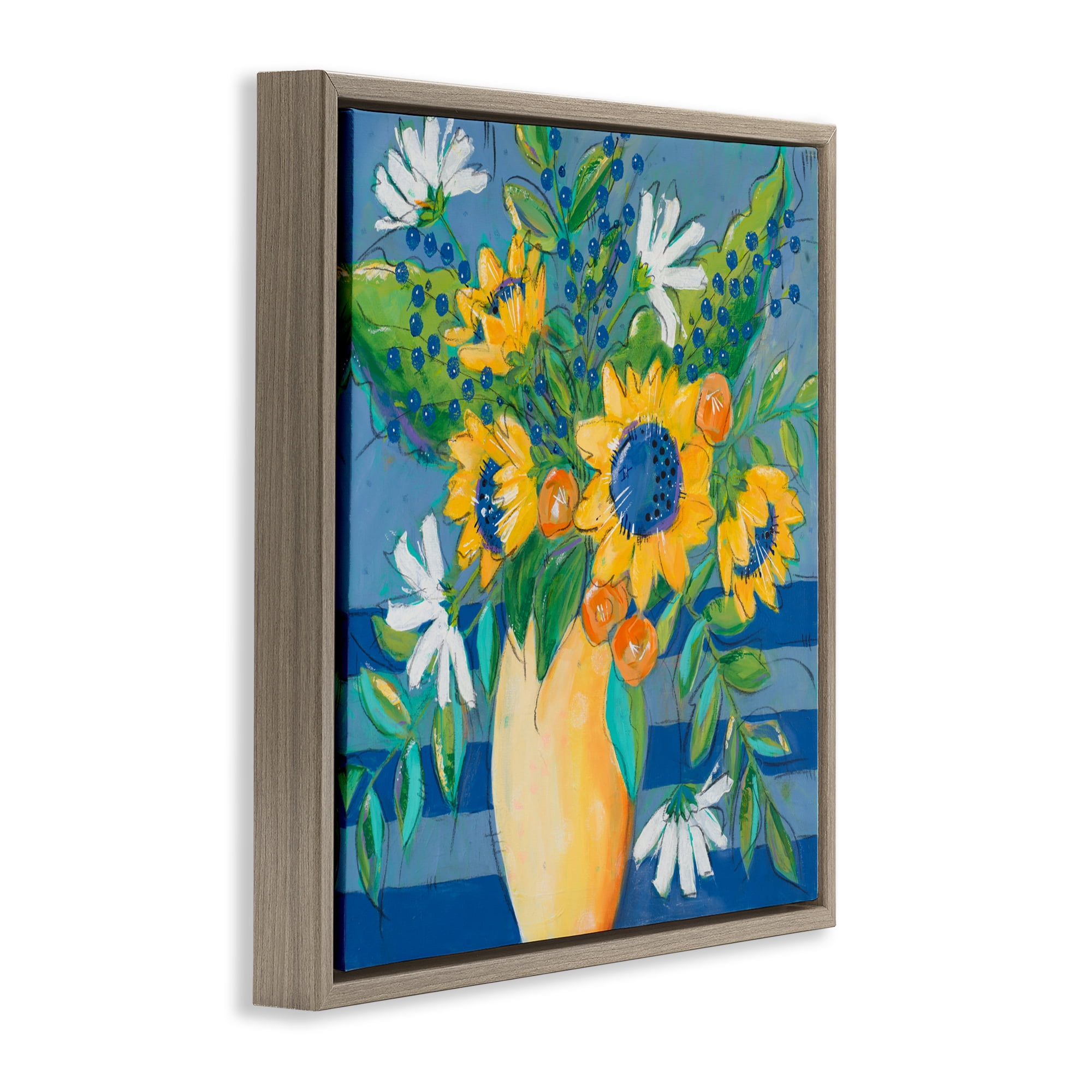 Stupell Industries Floral Bursts Among The Blue Brown Framed Floater Canvas Wall Art, design by Krinlox