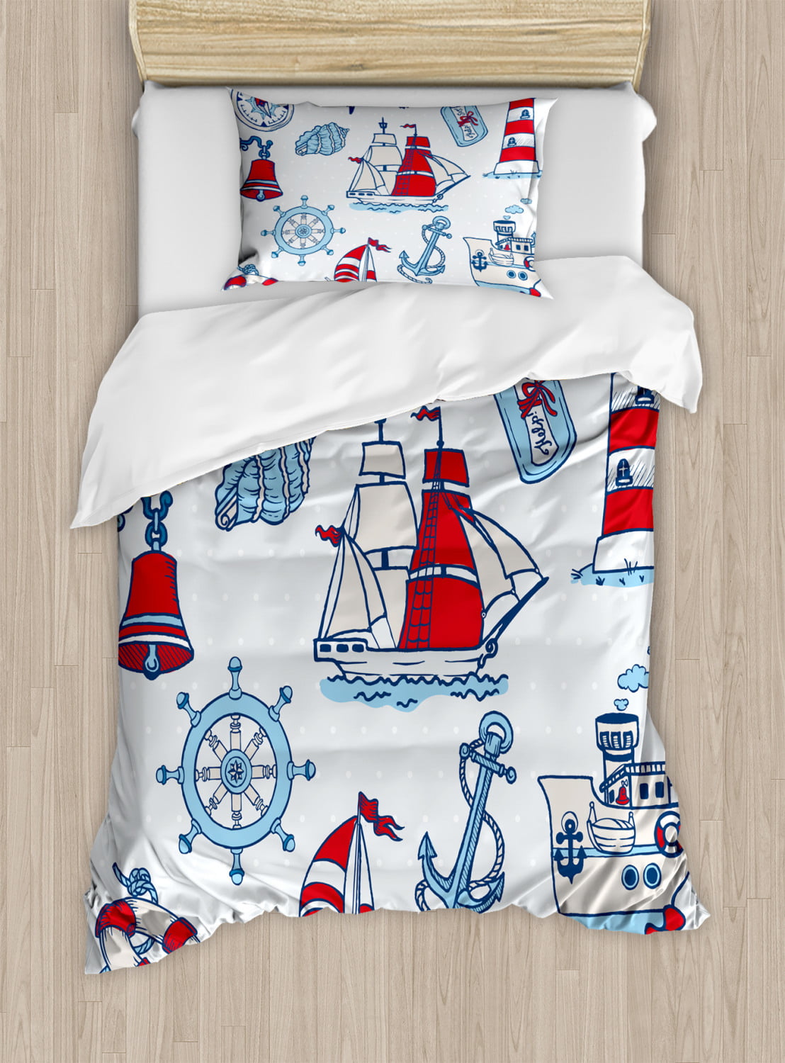 NAUTICAL BLUE WHITE SHIP BOAT ANCHOR LIGHTHOUSE COMPASS ROPE BEDDING OR CURTAINS 