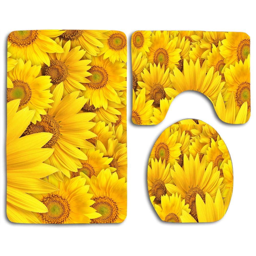CHAPLLE Golden Sunflowers 3 Piece Bathroom Rugs Set Bath Rug Contour ...