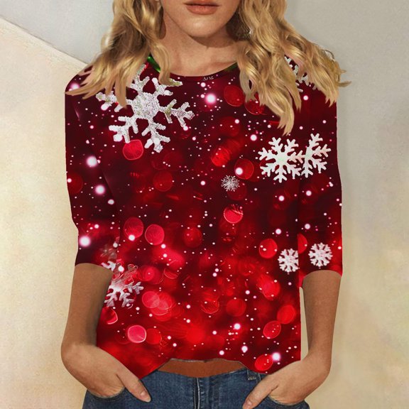 asdoklhq Christmas Shirts for Women Christmas Glitter Print Round Neck 3/4 Sleeve T-Shirt Top Red M