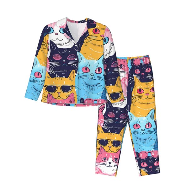 Fotbe Colorful Cats Pattern Art Conjunto de Pijama de Manga Larga para Mujer con Estampado, Ropa de Dormir de 2 Piezas, Conjunto de Casa Suave y Cómodo con Bolsillos-XX-Large