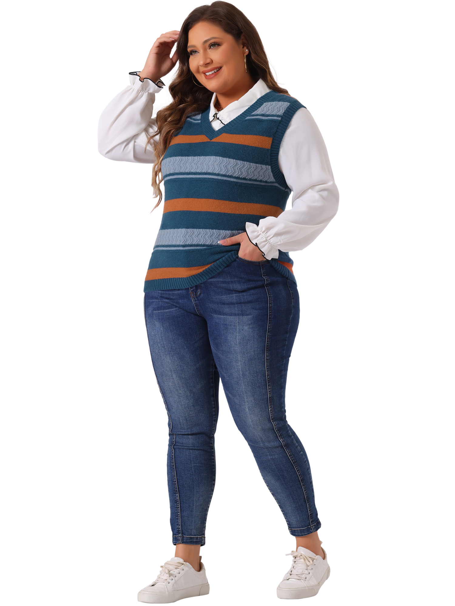 DARING DIVA Women's Plus Size V Neck Striped Knit Sweater Vests 3X Blue