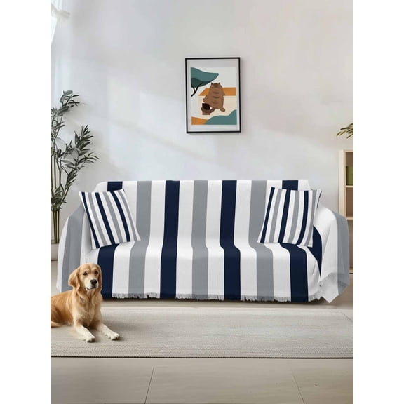 Navy Blue Gray Striped Couch Cover, Farmhouse Stripe Art Sofa Cover Blanket for 1 Seat Cushion, Sectional Sofa Slipcover Furniture Protector for Living Room Bedroom 71''x91''