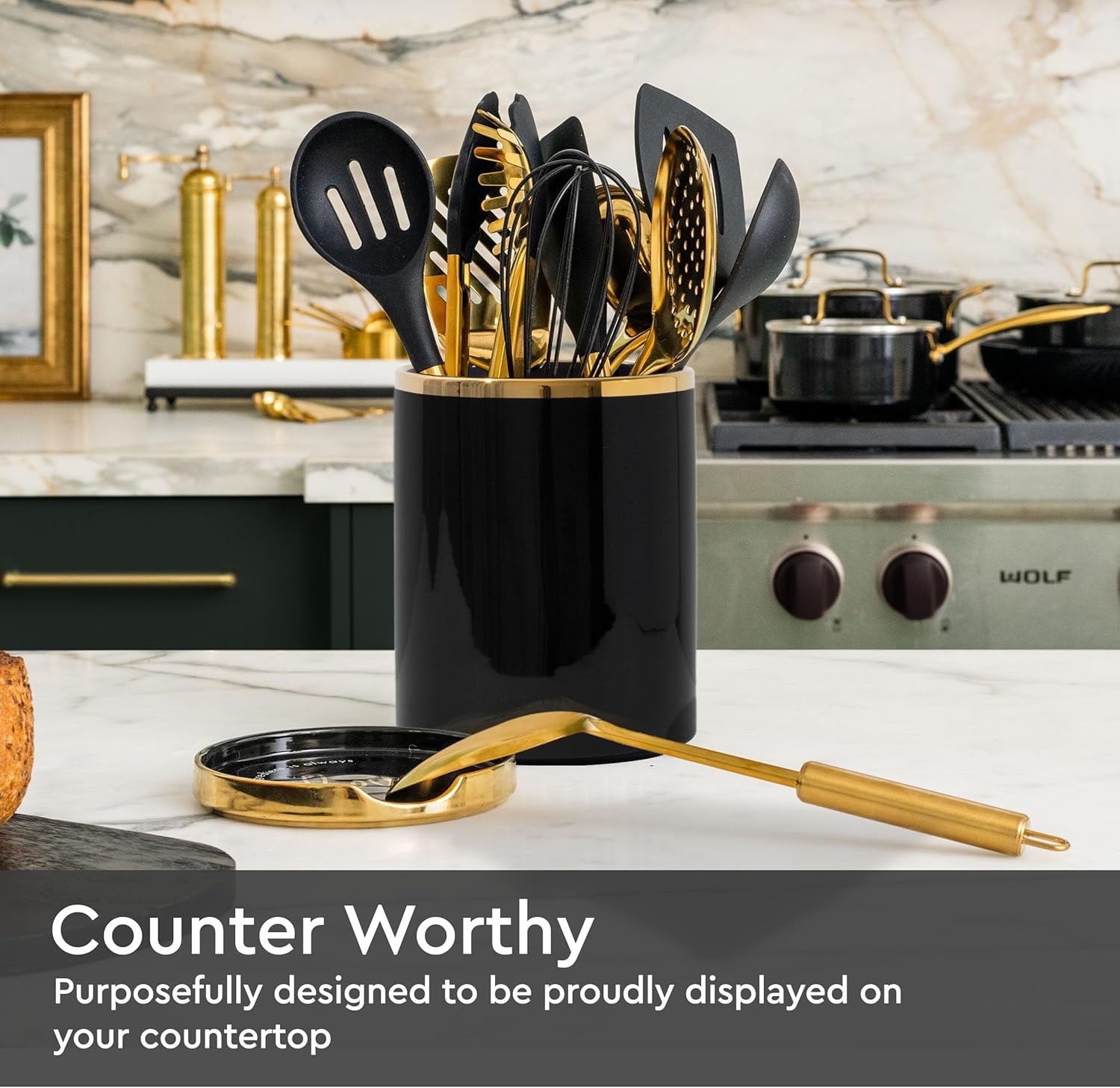Styled Settings Black and Gold Utensil Holder with Built-in Spoon Rest - 2 PC Large Ceramic Utensil Holder Includes Black & Gold Spoon Rest