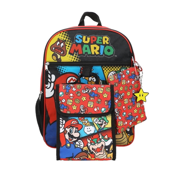 Super Mario 5-Piece Backpack Set With 16" Backpack, Lunch Kit, Utility Case, Keychain & Carabiner