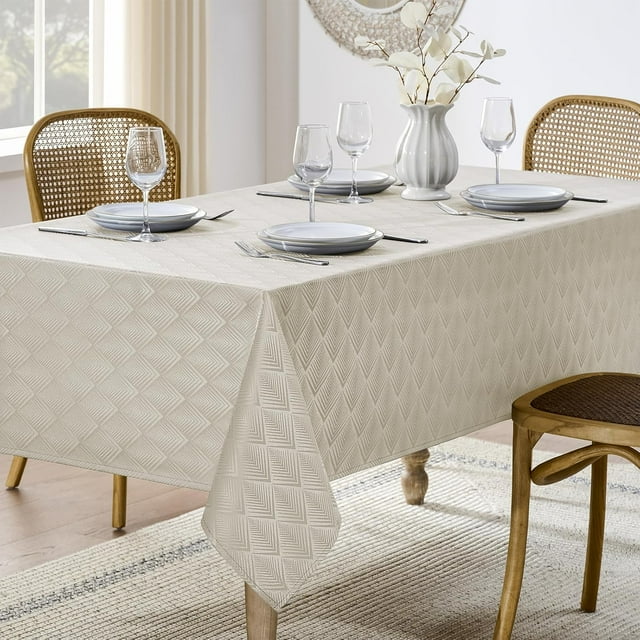 Waterproof Damask Arrow Design Table Cloth for 8ft Rectangle Table, Easy to Clean Wrinkle-Free Outdoor Tablecloth for Wedding, Party and Camping(Oblong, 60 x 120 Inch (10-12 Seats), Beige)