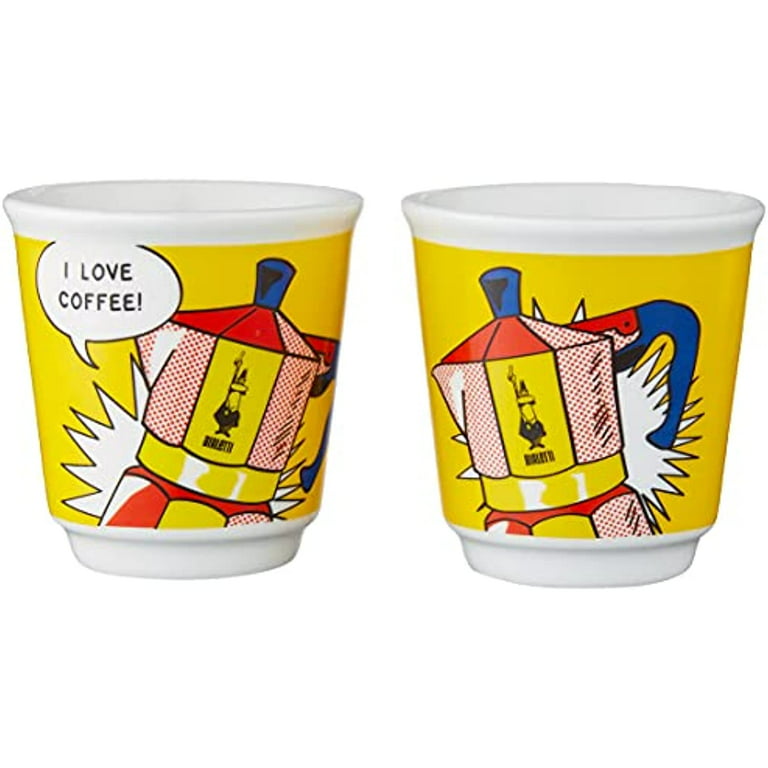 Bialetti - Mini Express Lichtenstein: Moka Set incluye cafetera 2 tazas  (2.8 Oz) + 2 vasos de chupito, amarillo, aluminio