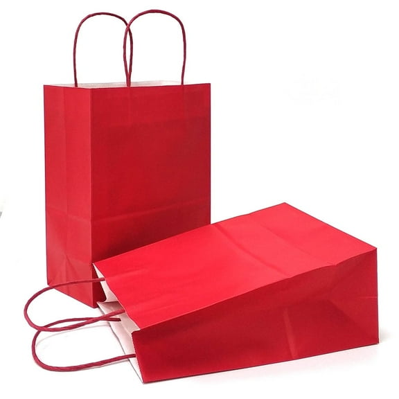 AZOWA Gift Bags Small Kraft Paper Bags with Handles (5 x 3.1 x 8.2 in, Red Color, 50 Pcs)