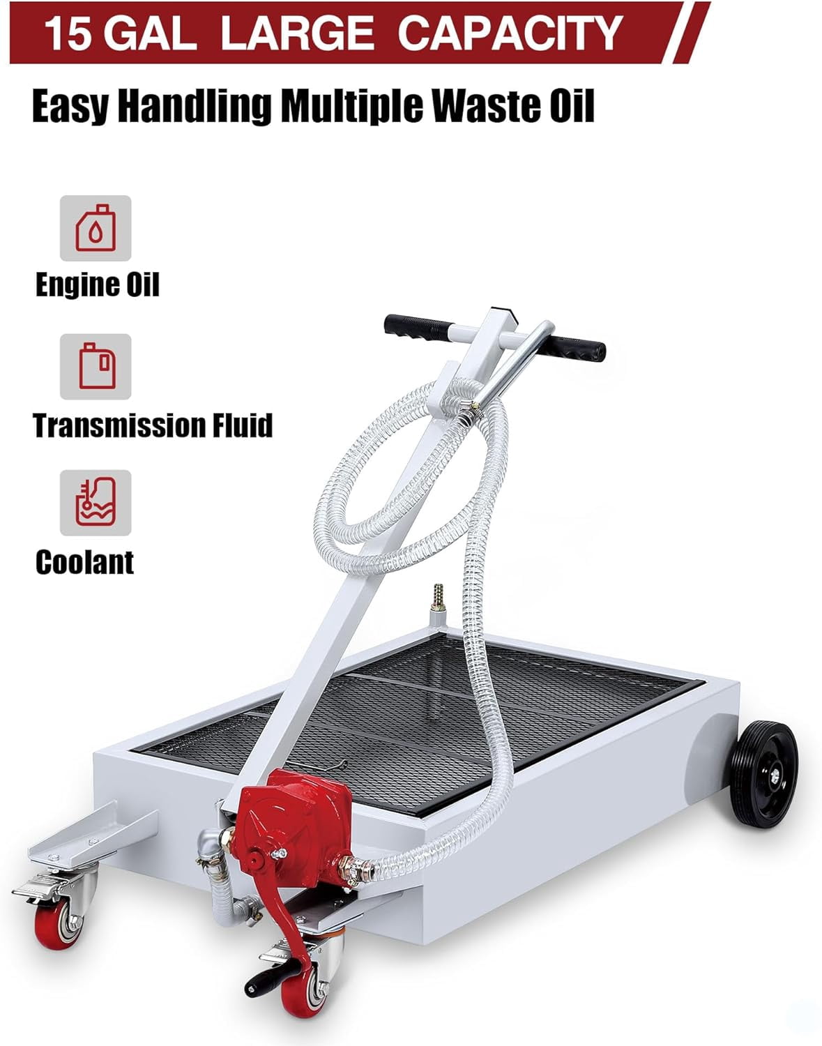 15 Gallon Oil Drain Pan with Pump & 8 Ft Hose, T Folding Handle & Low Profile Rolling Oil Drain Cart for Truck Cars SUVs, Metal