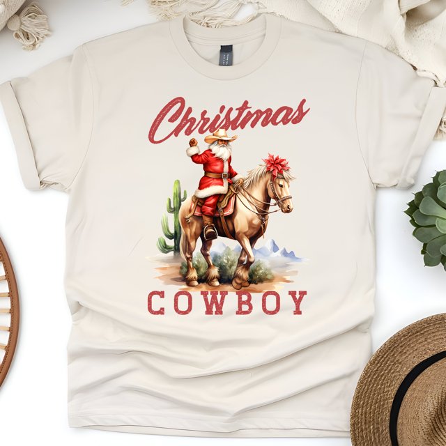 Cowboy Santa Christmas T-Shirt | Western Holiday Graphic Tee, Natural, Size L