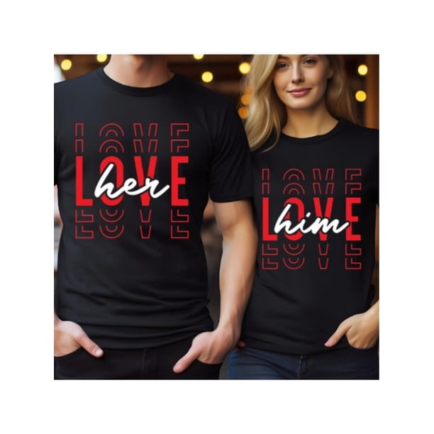 1pc-Love Him And Love Her Couple Matching Shirt, Valentines Couple Shirt, Love Him Shirt, Love Her Shirt, Matching Love Shirt, Valentine Sweater -180g 100% cotton one-sided printed crew neck short sl