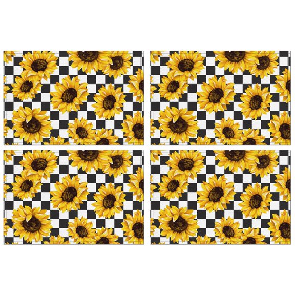 Boho Floral Sunflower Placemats Set of 4, 12x18 Inch Vintage Rustic Farmhouse Linen Table Mats with Bees and Butterflies, Washable Country Bloom Dining Decor for Summer Autumn