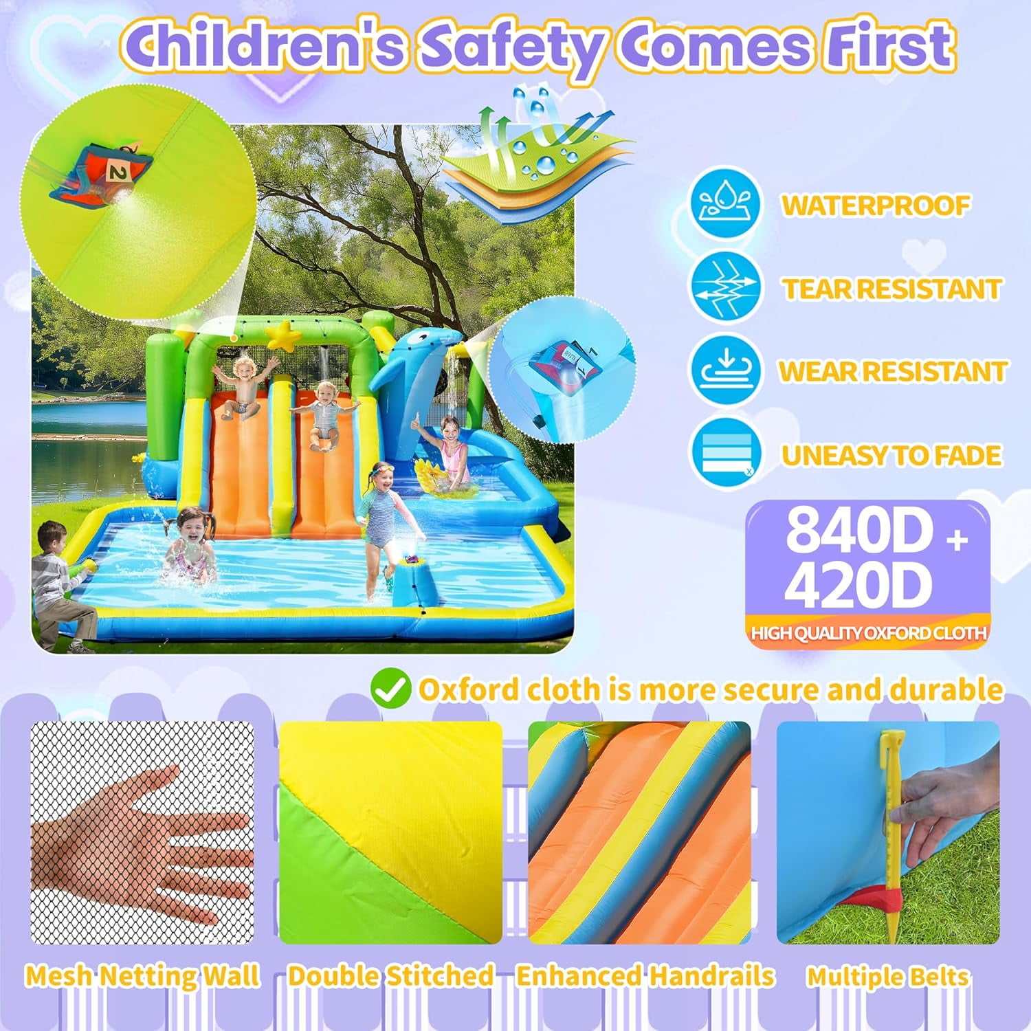 Acpouw 9 in 1 Inflatable Water Slide for 3-12 Years, Bounce House with Blower Shower Soak, Pool, Sprinkler Fountain, Water Gun Target for Kids , Indoor/Outdoor Kids Bouncy Castle with Blower