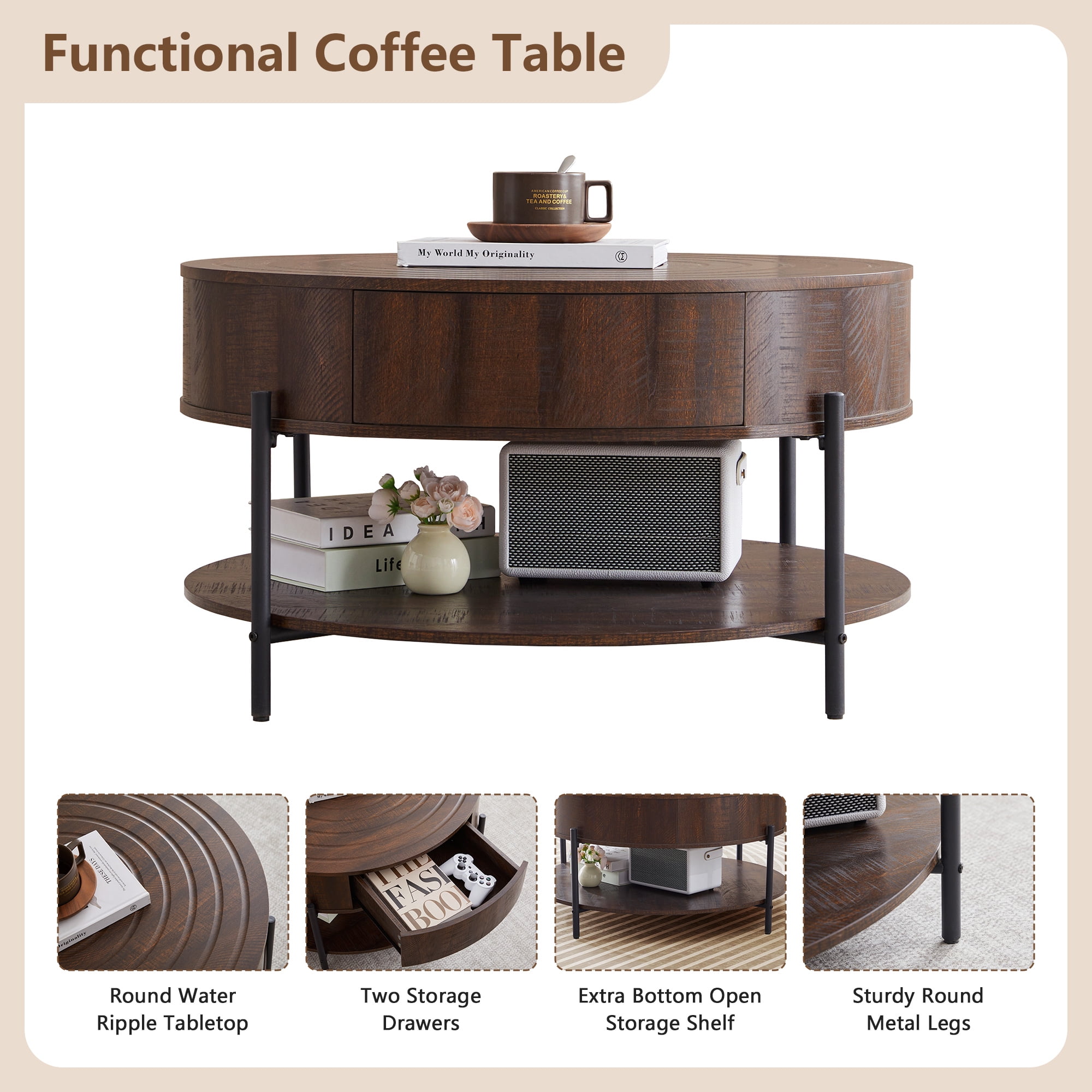 Wirrytor 30" Round Coffee Table with 2 Drawers and Storage Shelf, Modern Farmhouse Tea Table with Natural Tree Rings Top, Dark Brown