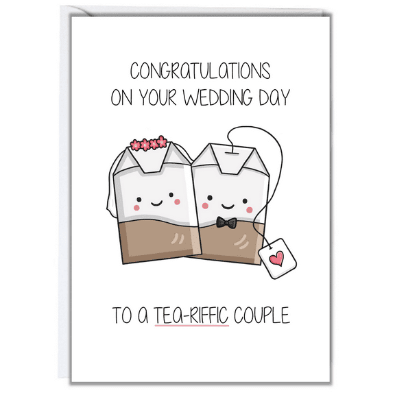 Congratulations Wedding Card for Tea-Loving Couples – Cute Illustration of Bride and Groom Tea Bags – Perfect for Weddings, Engagements, or Anniversaries