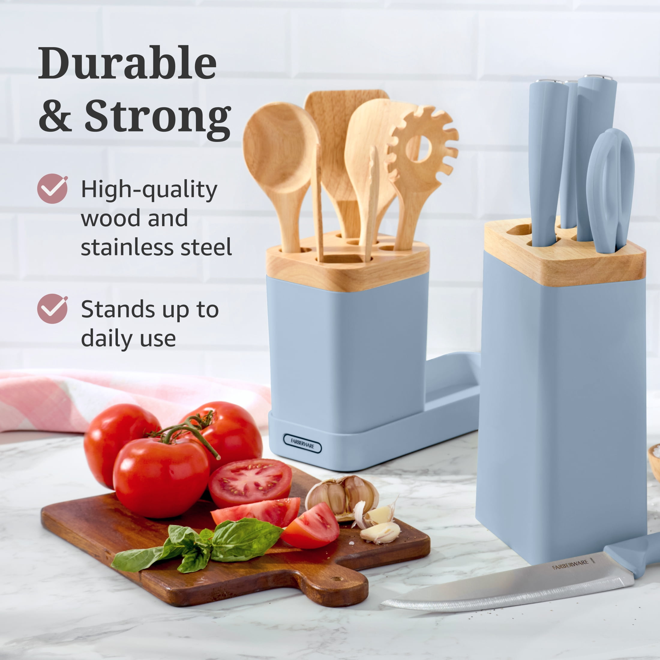 Farberware Professional Wood Kitchen Utensil and Knife Set with Counter Storage Slate, 13-Piece
