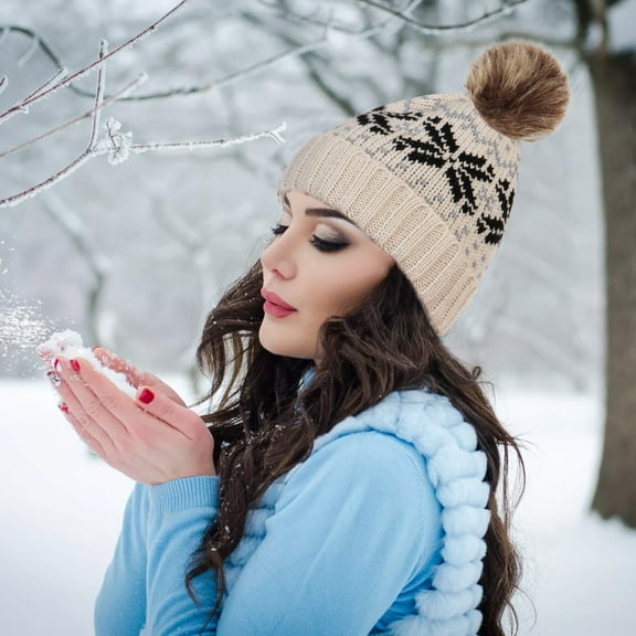 Women's Winter Knit Hat with Snowflake Pattern and Pom Pom, Warm Fuzzy Beanie for Cold Weather, Cozy Christmas Stocking Stuffer Gift for Women-Beige