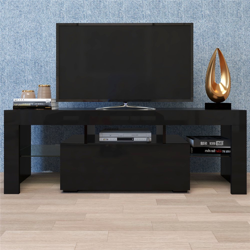 TV Console Table with Storage, SEGMART Modern Black TV Stand with LED