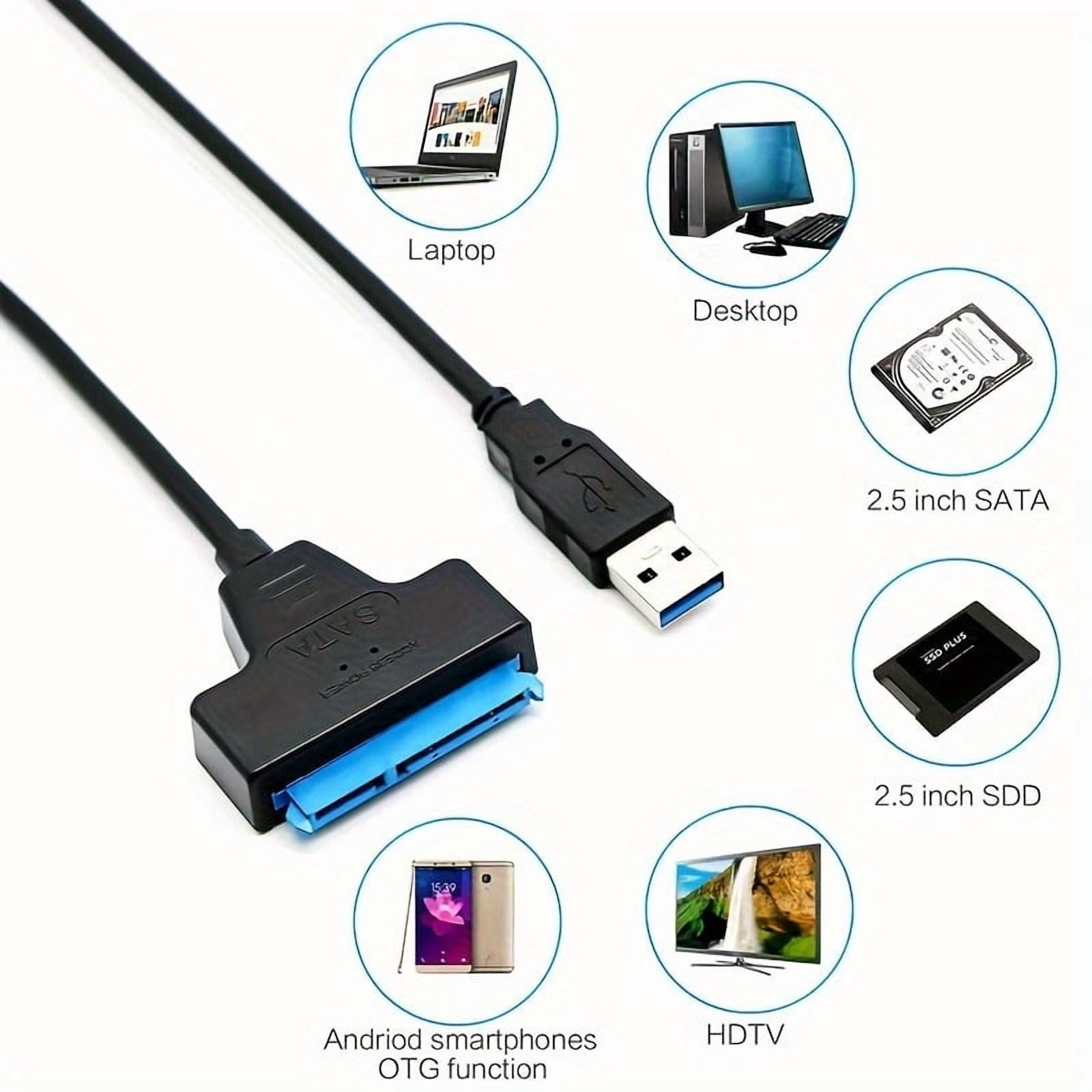 USB 3.0 to SATA III Adapter Cable for 2.5" SSD HDD, 6Gbps Fast Data Transfer, Supports up to 2TB, Plug and Play, Black with Blue Stripe