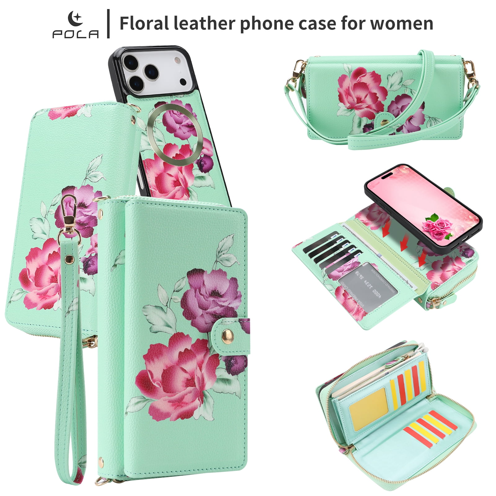 TECH CIRCLE 2-in-1 Wallet Case for iPhone 17 Air (6.5", 2025), Detachable Magnetic Back Cover, Flip Flower Phone Case with 15 Card Slots, Zipper Pocket, Crossbody Strap, Wrist Strap, Green