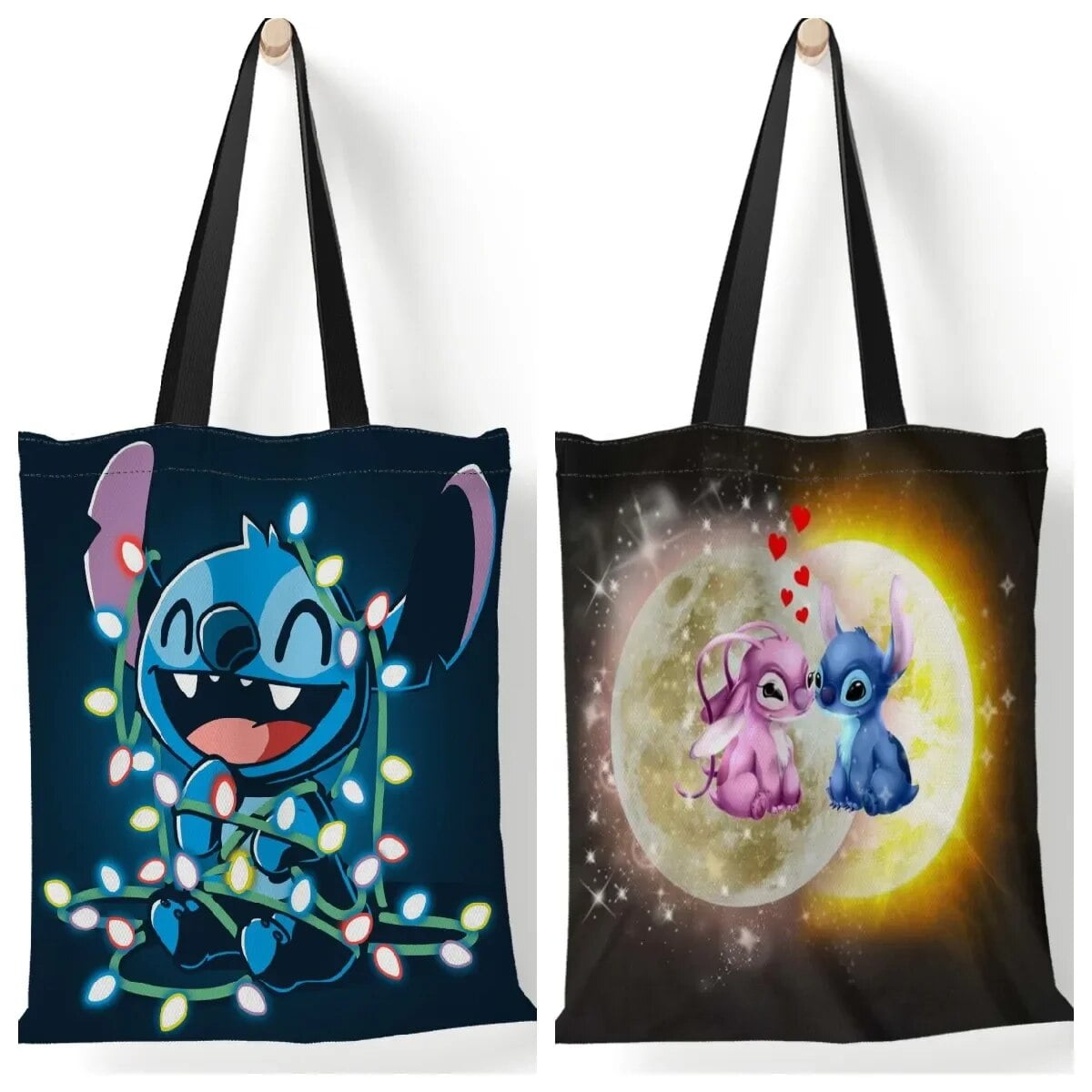 Disney Stitch Funny Canvas Shoulder Bag Tote Bag Eco Printing Hip Hop Tote Shopper Bag Female Portable Shopping Bags Women