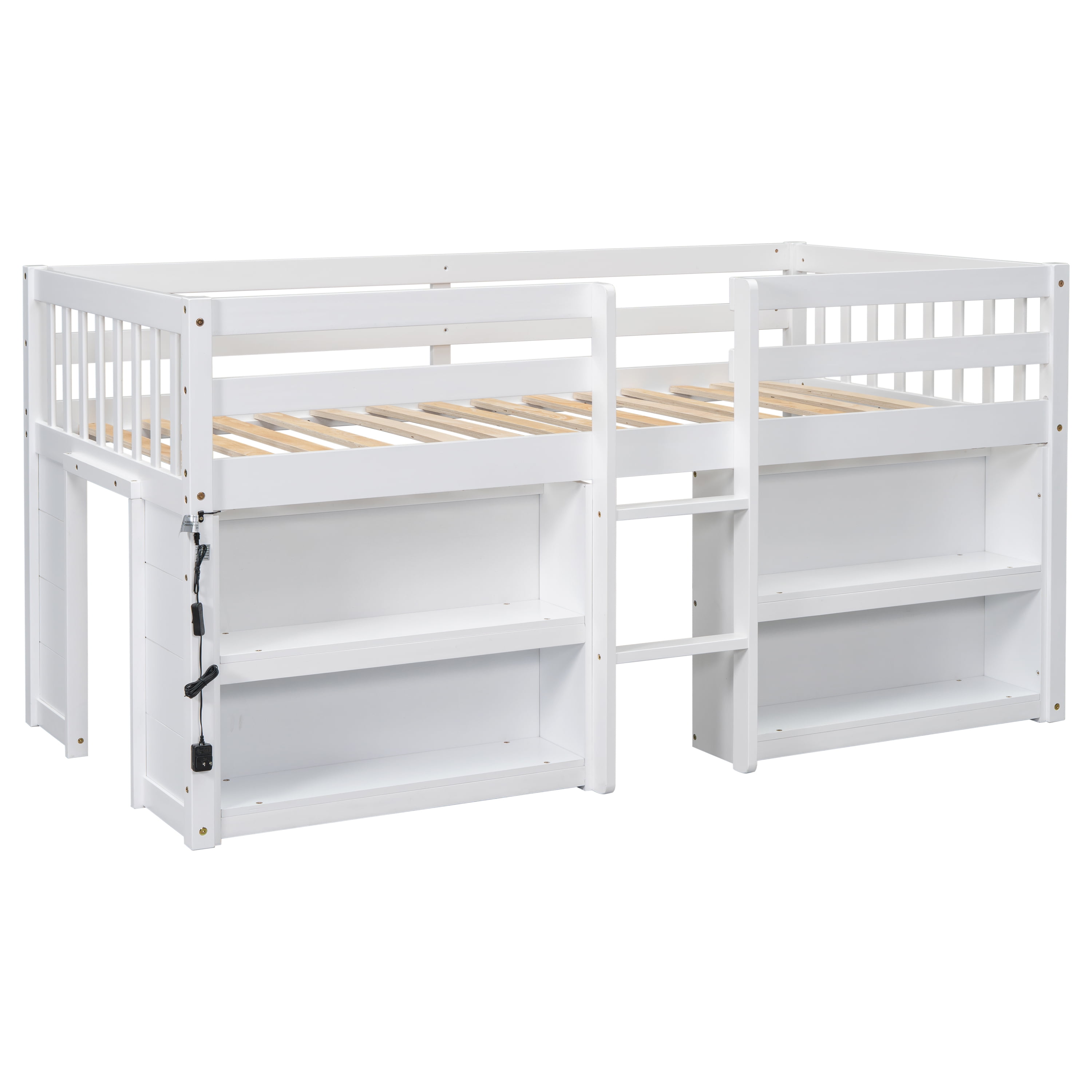 Twin Size Low Loft Bed with Two-Tier Shelves, Wooden House Loft Bed with Storage for Books & Toys, Space Saving for All Ages, Multi-Functional, White