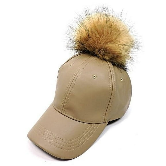 2Chique Boutique Women's Faux Leather Snap Off Pom Pom Hat (Beige)