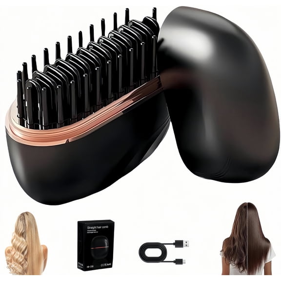Mini Hair Straightener, Portable Hair Straightener Brush, Rechargeable Wireless 3-Speed Temperature Control, Mini Straightener Brush for Home Travel Gift, Black