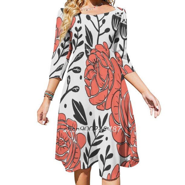 Vestido de cuello cuadrado de jardín naranja nuevo vestido elegante de talla grande para mujer vestido ceñido a la cintura con flores florales de color naranja
