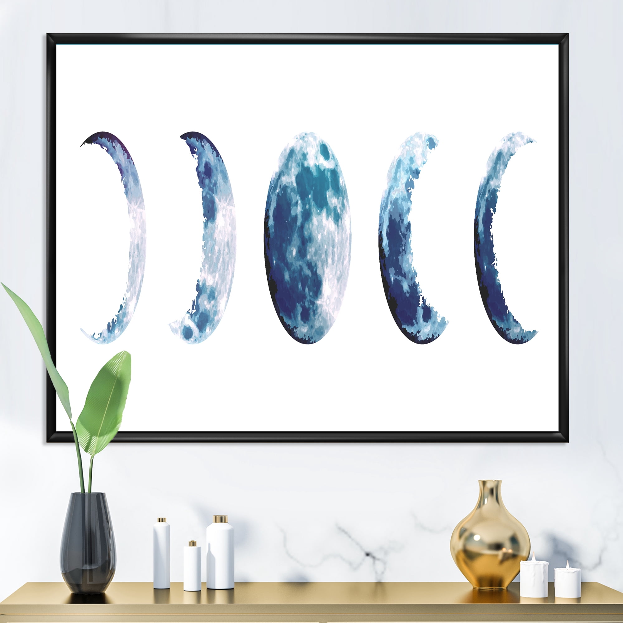 Designart 'Magic Blue Moon Phases On White' Bohemian & Eclectic Framed Canvas Wall Art Print