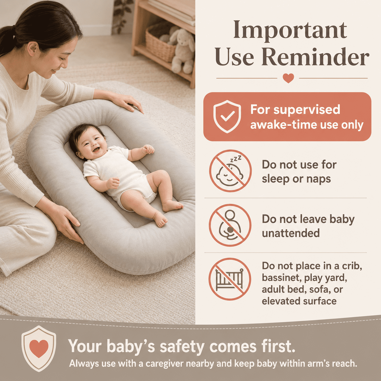 Baby Lounger for Newborn, Soft Care Cushion, Portable Support Pillow, Lightweight Nursery Cushion for Feeding, Bonding and Daily Care(Apricot)