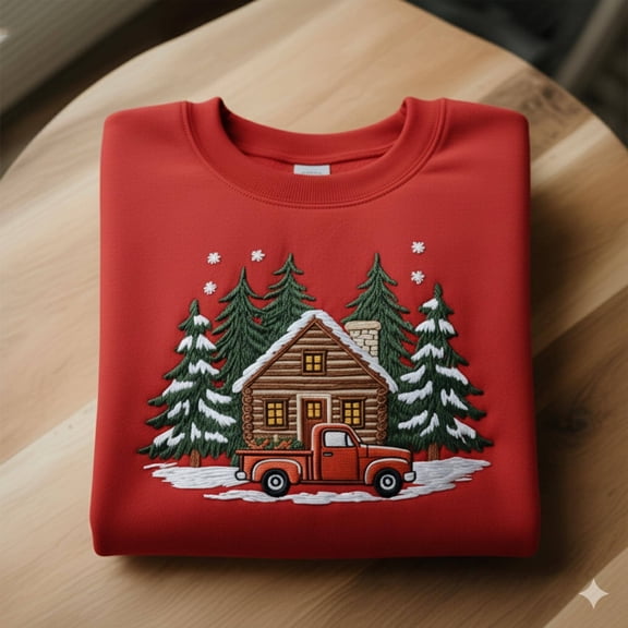 Christmas Cabin Truck Embroidered Sweatshirt, Cozy Winter Red Truck Crewneck, Holiday Cabin in Snow Embroidery Sweater