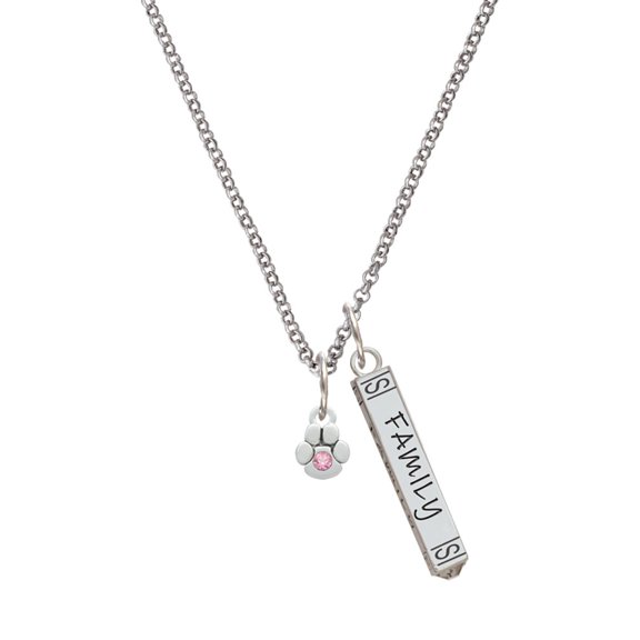 Delight Jewelry Silvertone Mini Paw with Pink Crystal Silvertone Family Bar Charm Necklace, 23"