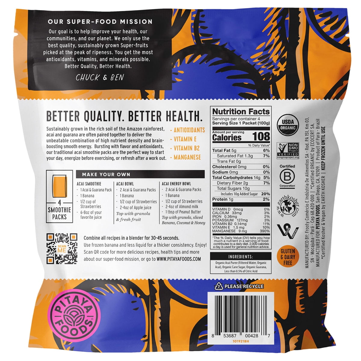 Pitaya Foods Acai Berry packs with Guarana, Organic Frozen Fruit for Smoothies and Bowls, 14 oz