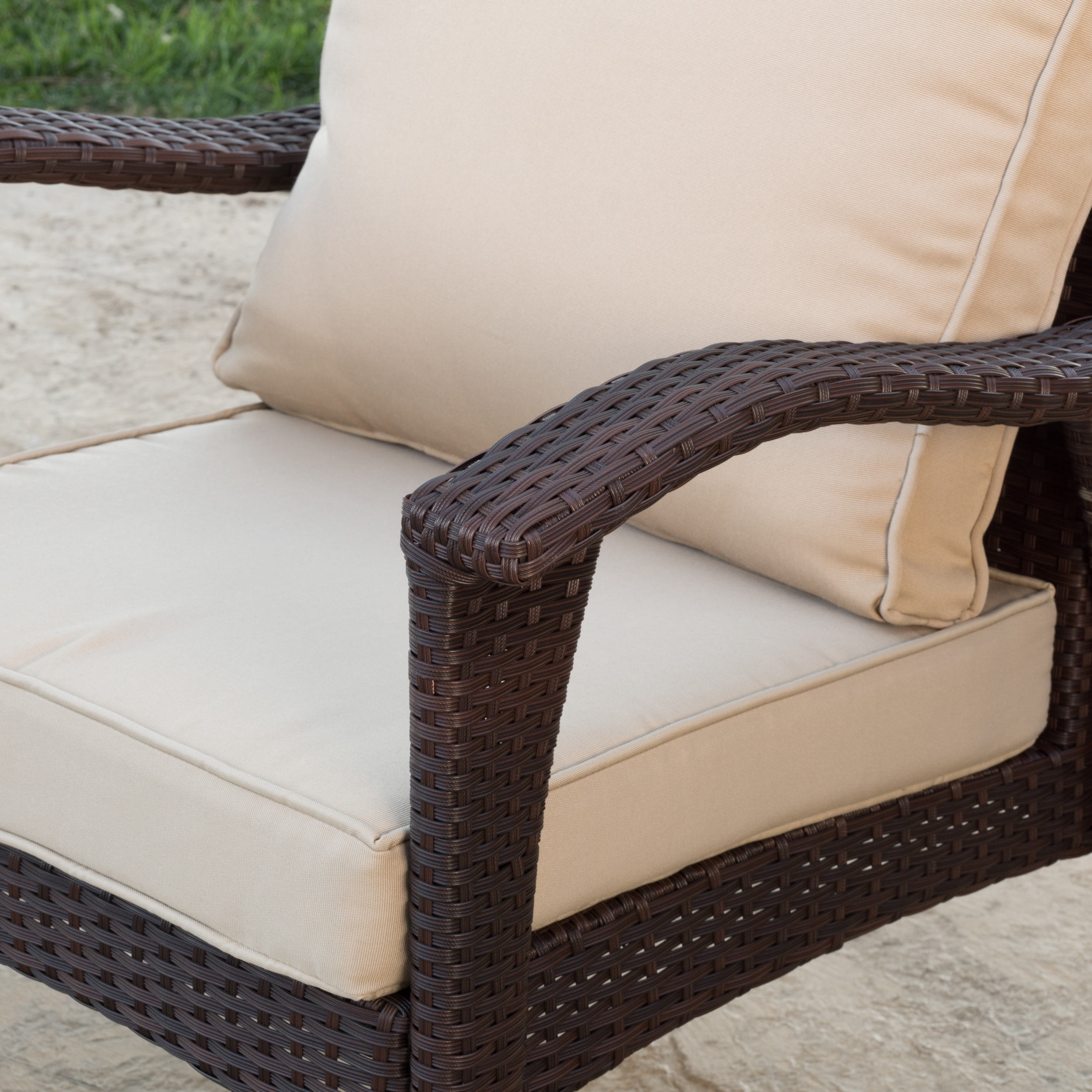 Kingsfield Outdoor Wicker Club Chairs with Tan Cushions and Accent Table, Brown