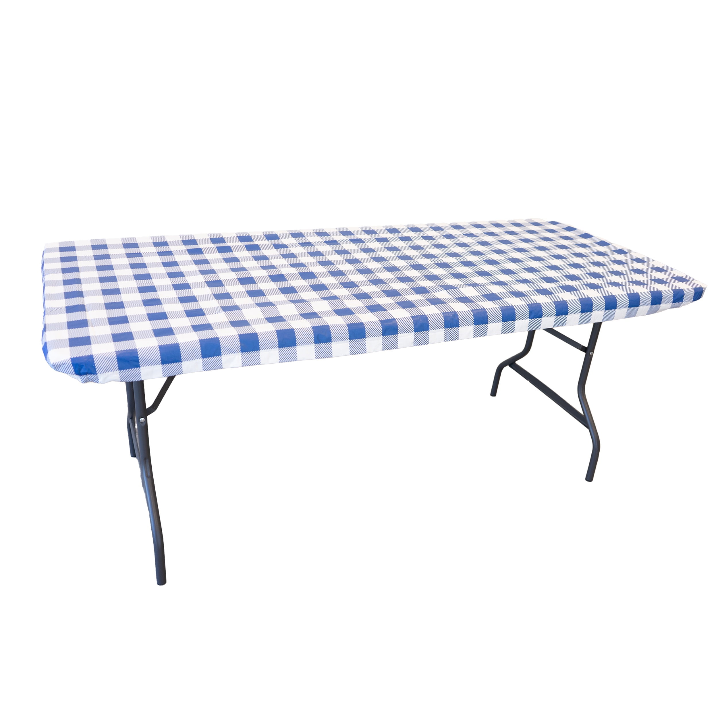 Waverly Inspirations Elastic Fitted Vinyl Table Cover With Flannel Backing, 6Ft Table, 72" x 30", Gingham Blue , 1 PK