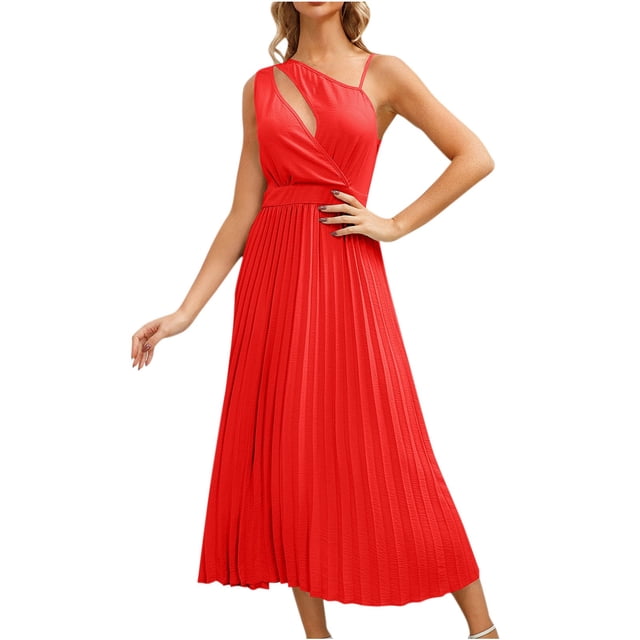 Bowake Robe Longue d'Été pour Femmes Couleur Unie Découpée Sans Manches Taille Haute Ligne A Fluide Formelle Soirée Midi