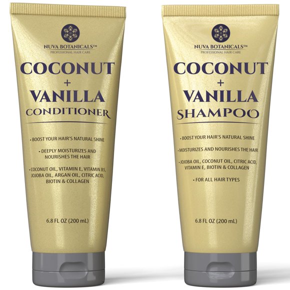 Nuva Botanicals Champú y acondicionador de coco Champú y acondicionador de vainilla con biotina y colágeno - Champú y acondicionador hidratante con aceite de jojoba, aceite de argán y vitamina E (6.8