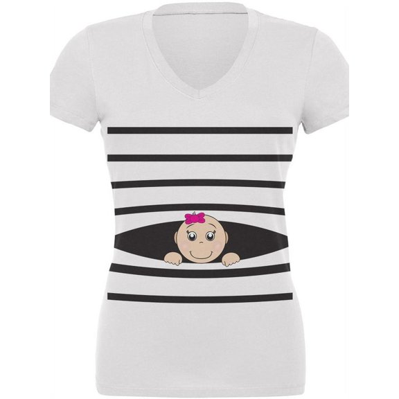 Striped Peeking Baby Girl White Juniors V-Neck T-Shirt - Large