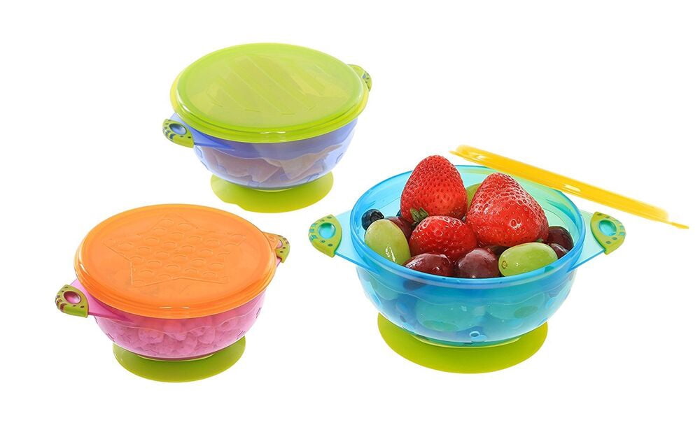 Baby Bowls - Set of 3 Stay Put Suction Bowls with Lids - Feeding Bowl Snack Time