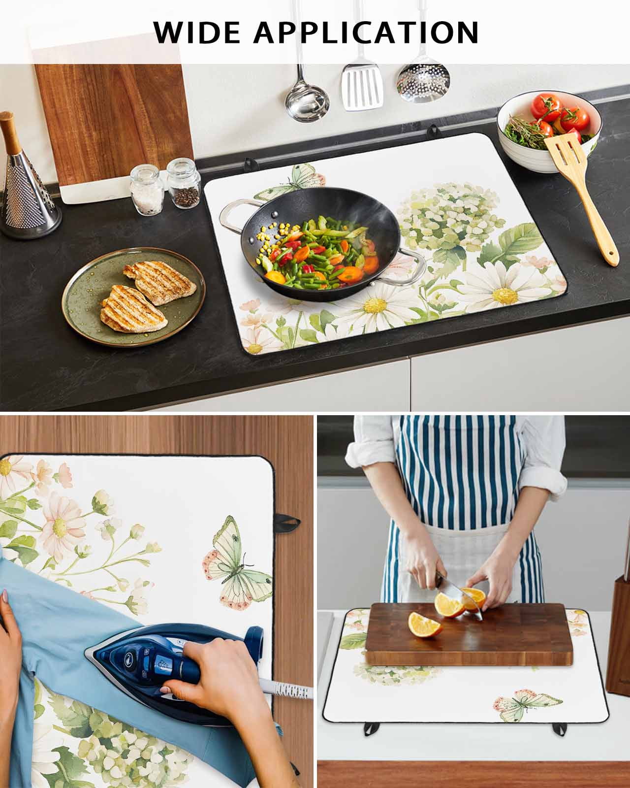 nqOlkjepod Large Induction Cooktop Protector Mat 24"x21", White Spring Floral Stove Top Covers for Electric Stove, Farmhouse Flower Summer Botanical Stove Burner Cover Mats, Glass Top Stove Cover