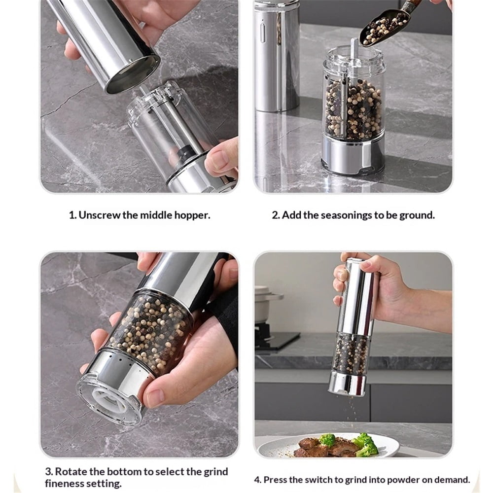 2 pack Electric Salt and Pepper Grinder Set Automatic Refillable Salt and Pepper Grinders with LED Light Pepper Grinder Kitchen Gadgets Adjustable Coarseness,One Handed Operation, Large Capacity