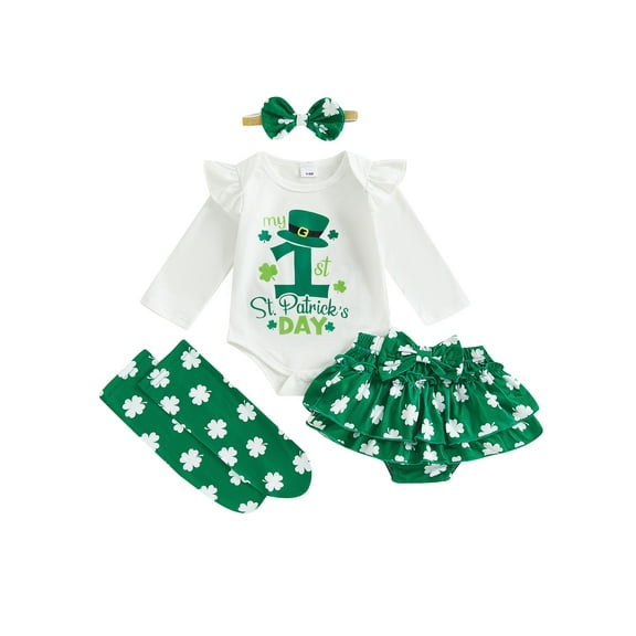 Baby Toddler Girl Irish Outfits 3 6 9 12 18 Months Clover Letter Print Long Sleeve Romper Ruffles Shorts Headband Long Socks 4Pcs Clothes Set