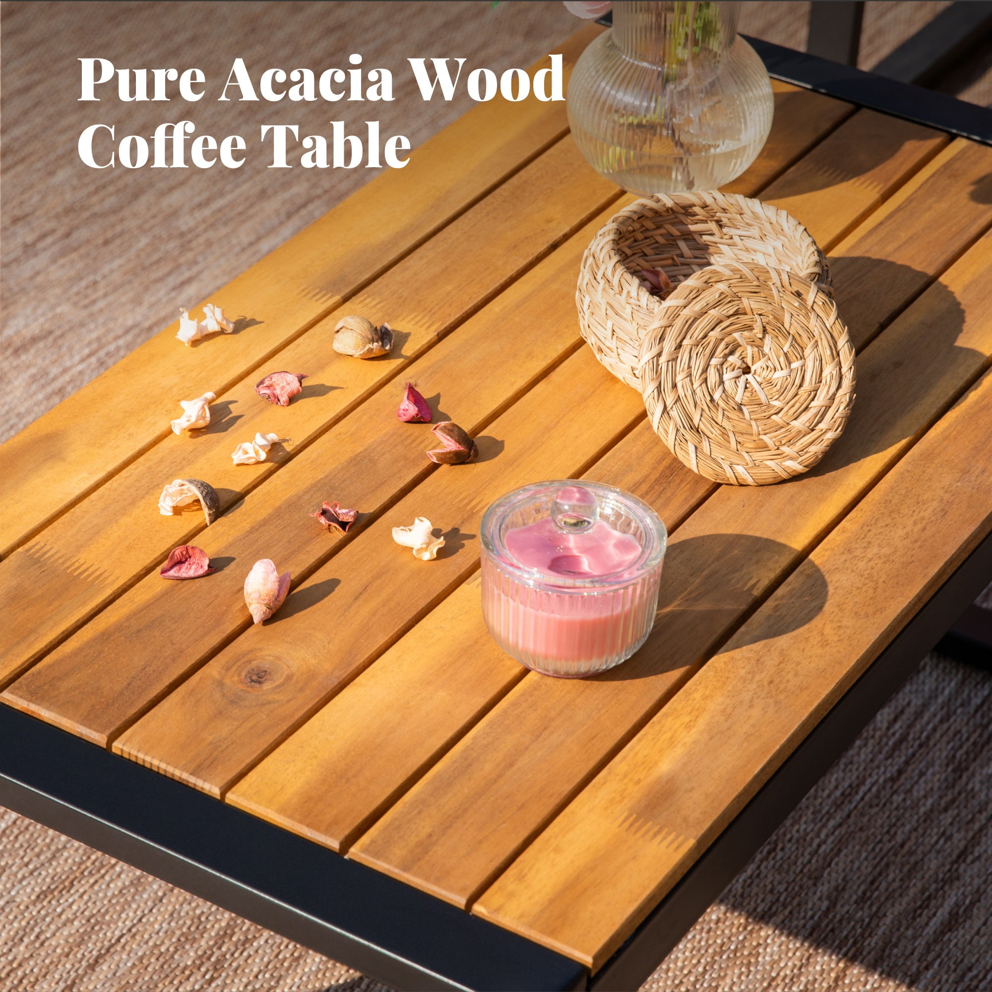 MF Studio 4-Piece All-Weather Rattan Patio Furniture Set, Outdoor Conversation Set with Wood Table, Brown and Navy Blue