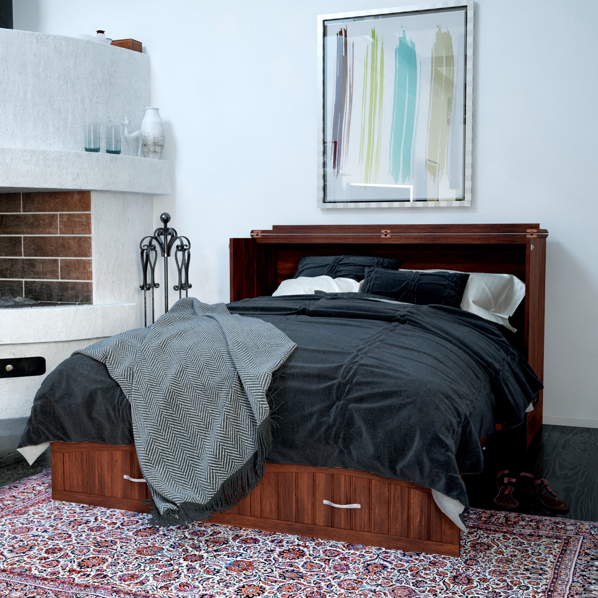 AFI Southampton Queen Wood Murphy Bed Chest with Mattress, Drawer & Charger in Walnut