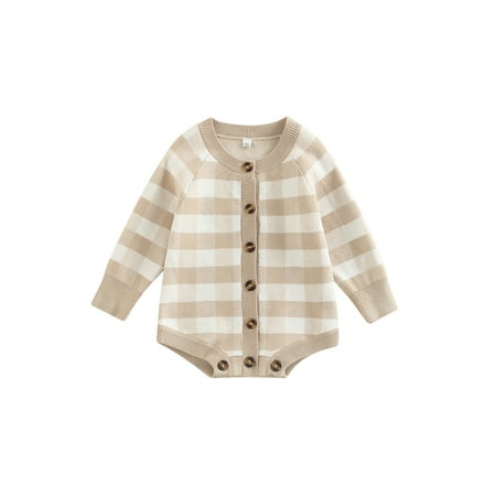 

Baby Knit Romper Long Sleeve Round Neck Plaid Print Bodysuit